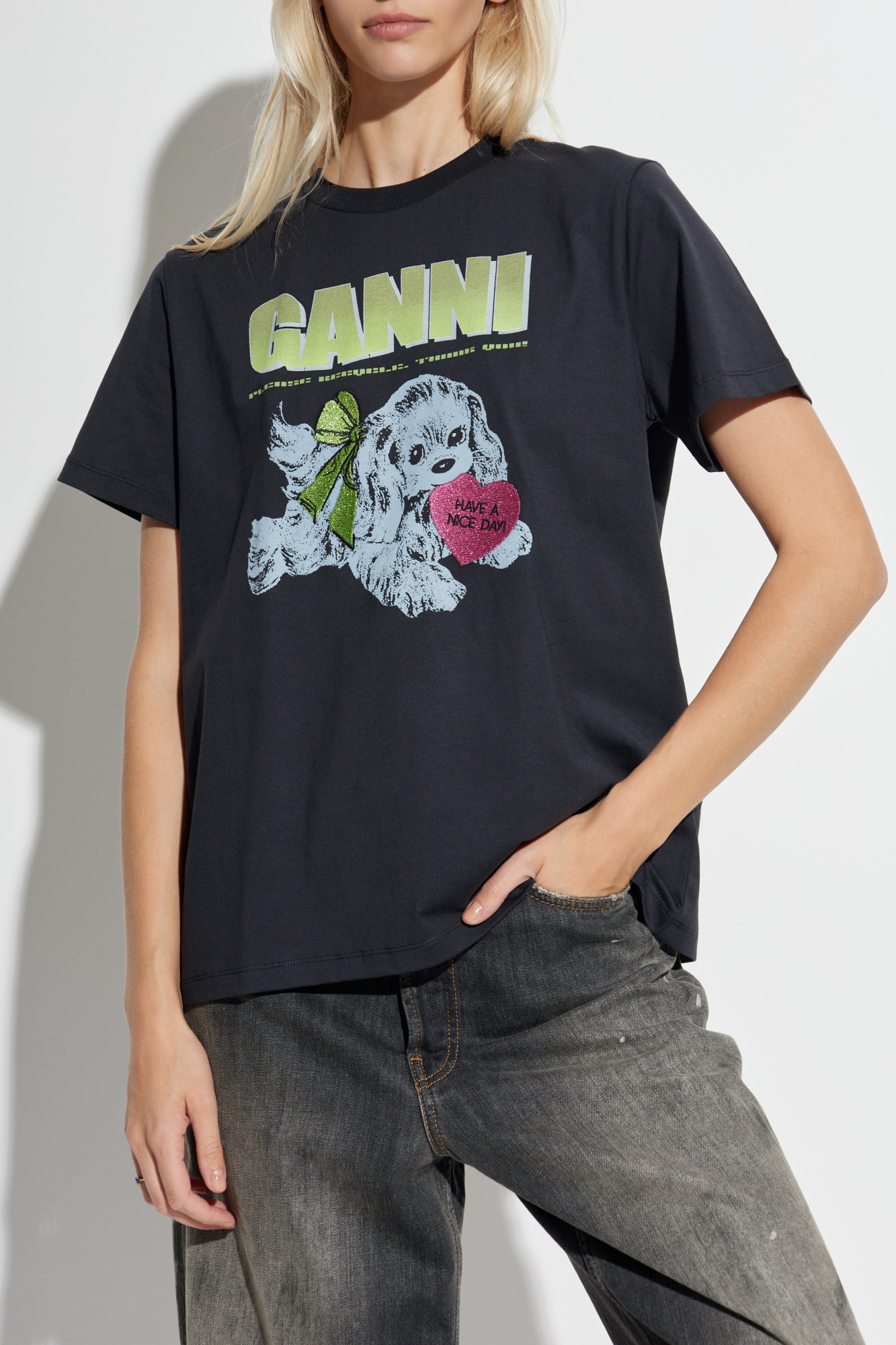 Tシャツ・カットソー Ganni SS25 Lace-up shirt (W0096 099) Black Stripe Cotton Oversized Tie String Shirt | GANNI US